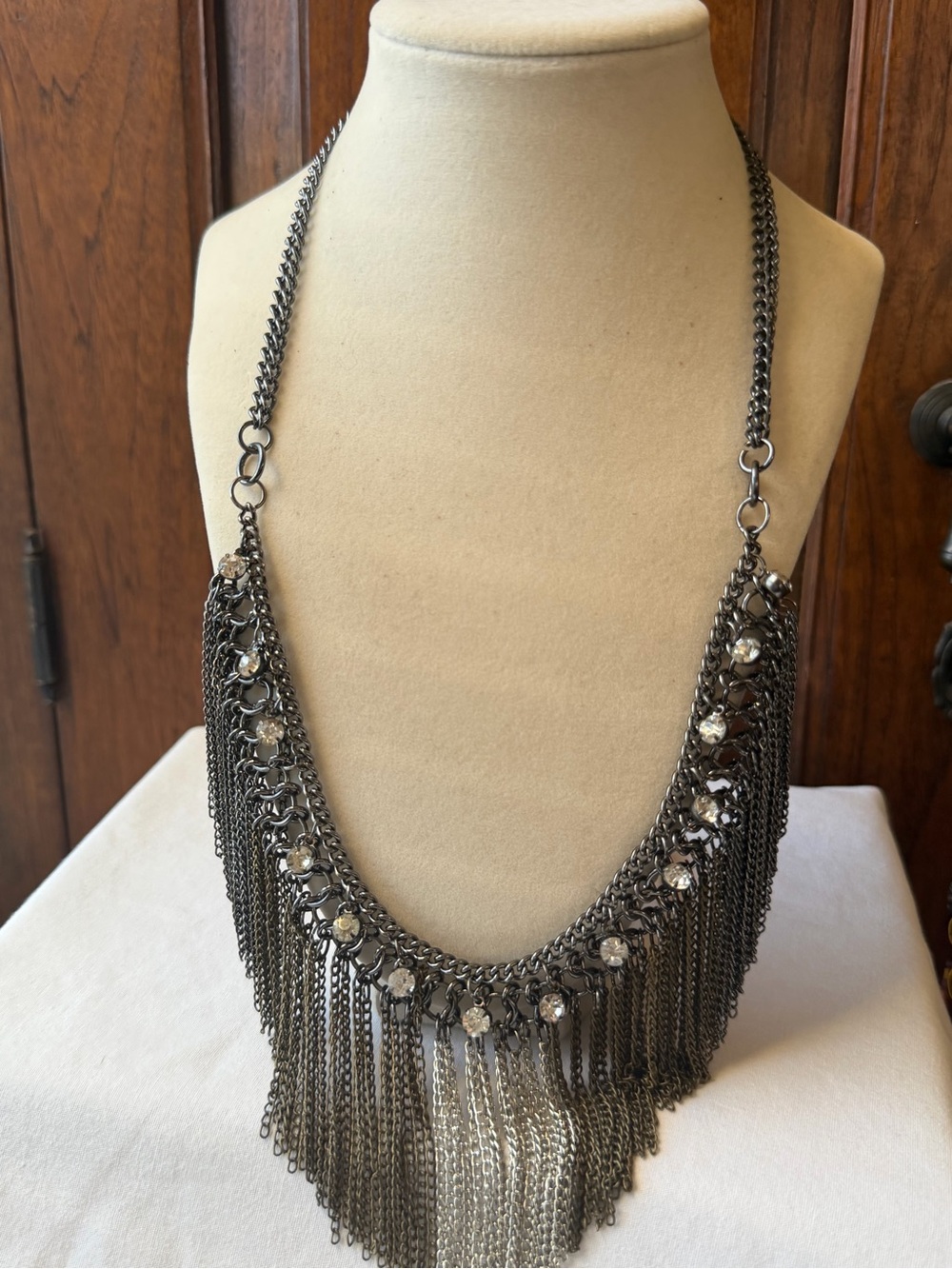 Mixed Metal Fringe Statement Necklace Gunmetal Silver Rhinestone Chain Bib